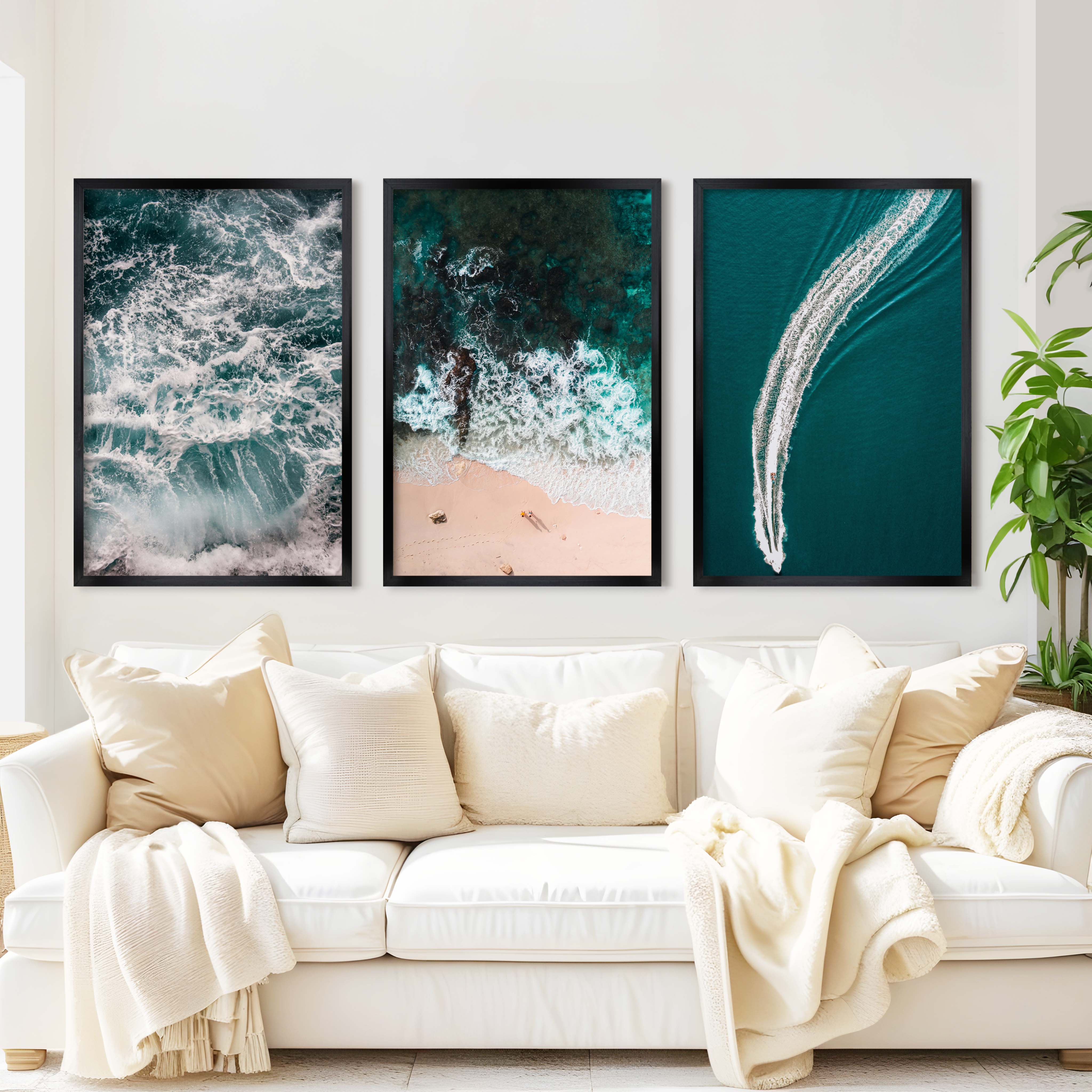 Coastal Wall Accents – Boat on Ocean & Sandy Shoreline (Set of 3) - Black Framed Poster No Border - Artworksets