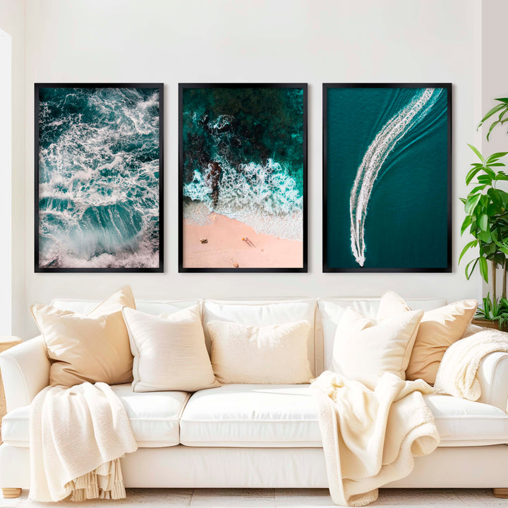 Coastal Wall Accents – Boat on Ocean & Sandy Shoreline (Set of 3) - Black Framed Poster No Border - Artworksets
