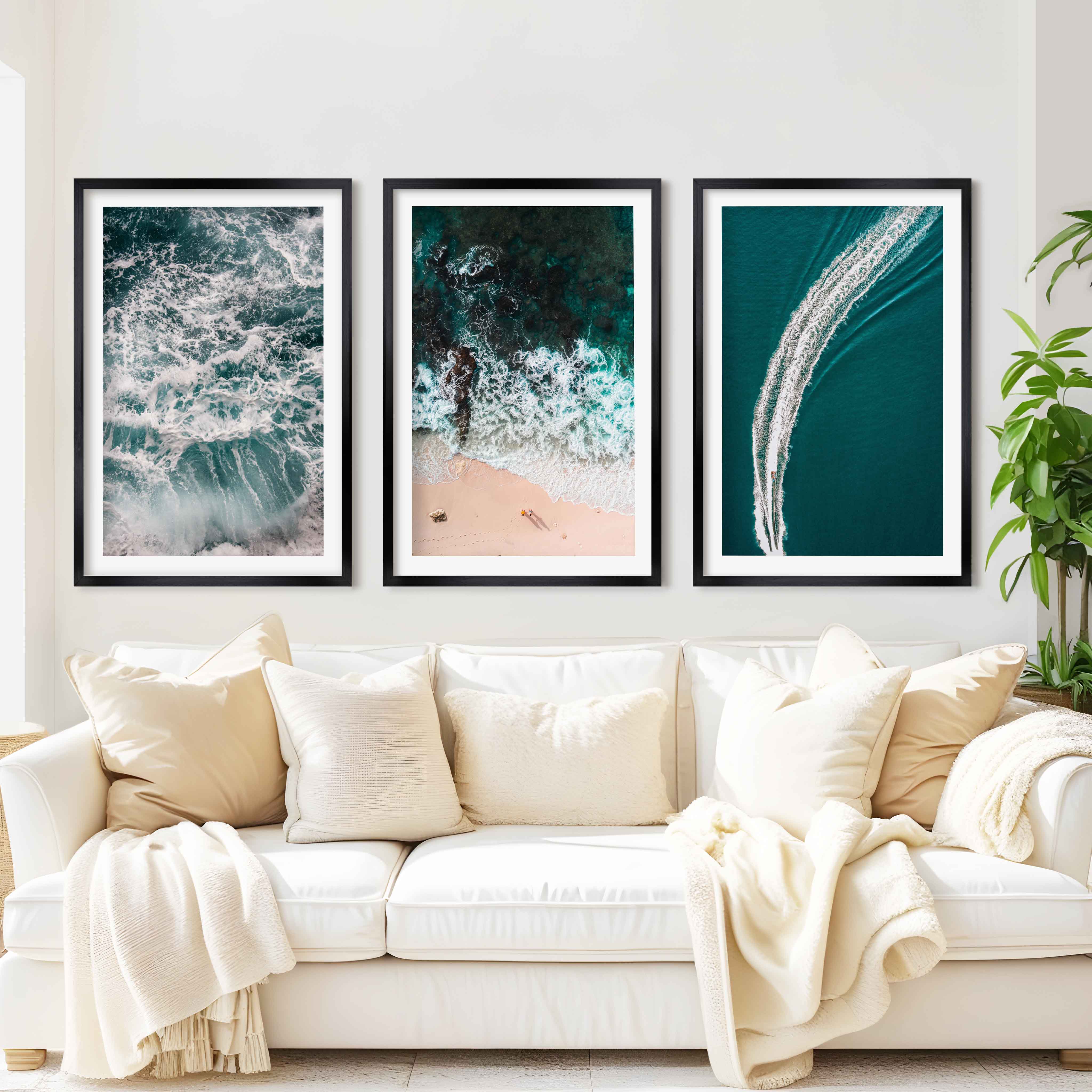 Coastal Wall Accents – Boat on Ocean & Sandy Shoreline (Set of 3) - Black Framed Poster with White Border - Artworksets