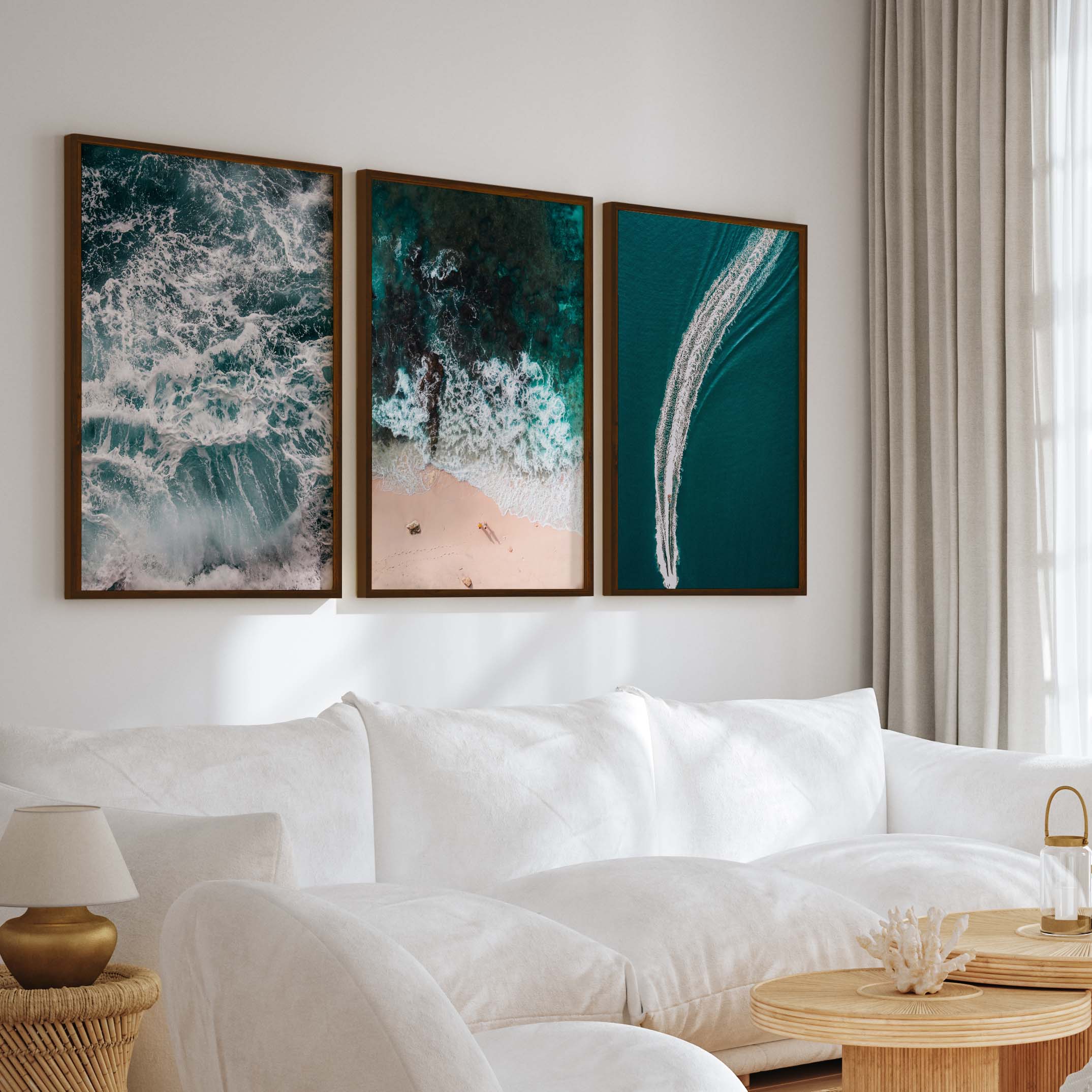 Coastal Wall Accents – Boat on Ocean & Sandy Shoreline (Set of 3) - Dark Brown Framed Poster No Border - Artworksets