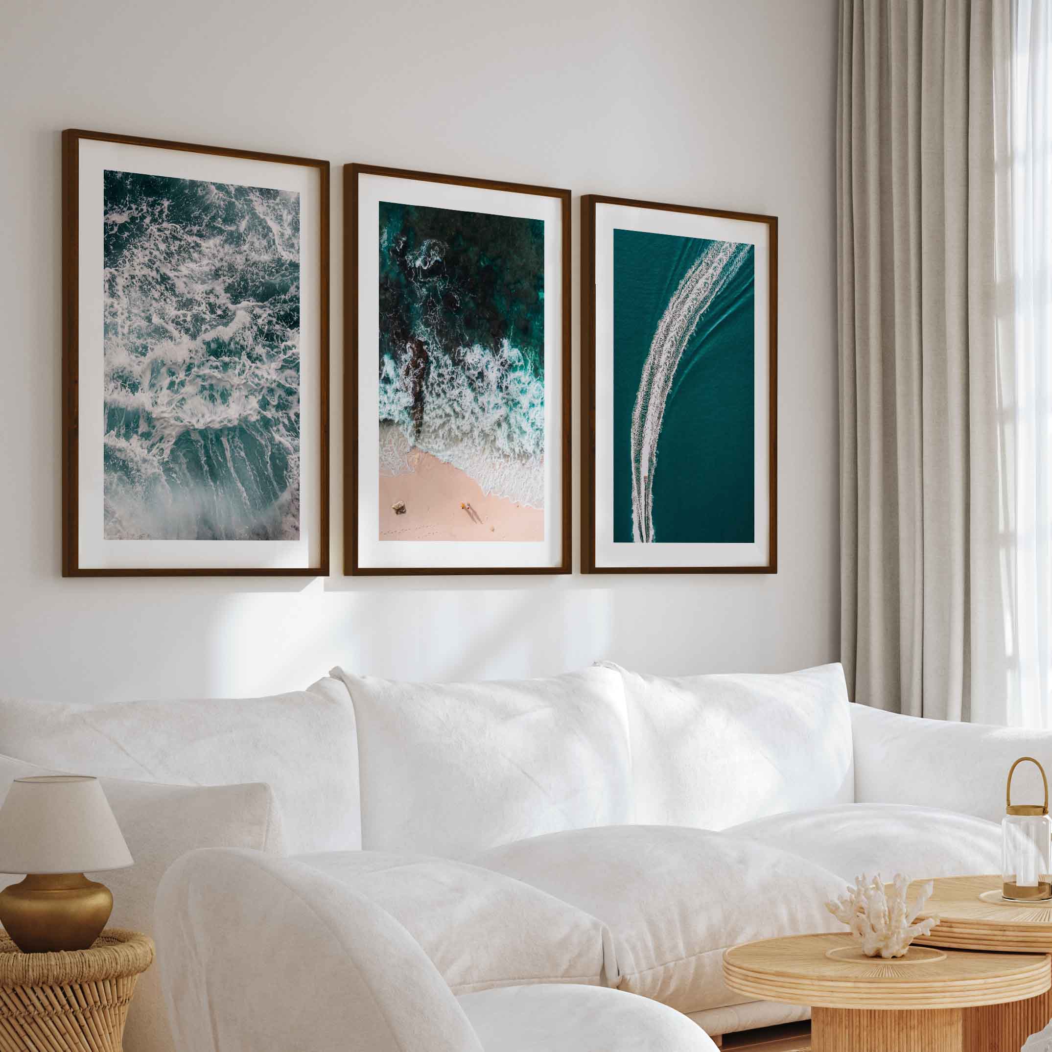 Coastal Wall Accents – Boat on Ocean & Sandy Shoreline (Set of 3) - Dark Brown Framed Poster with White Border - Artworksets