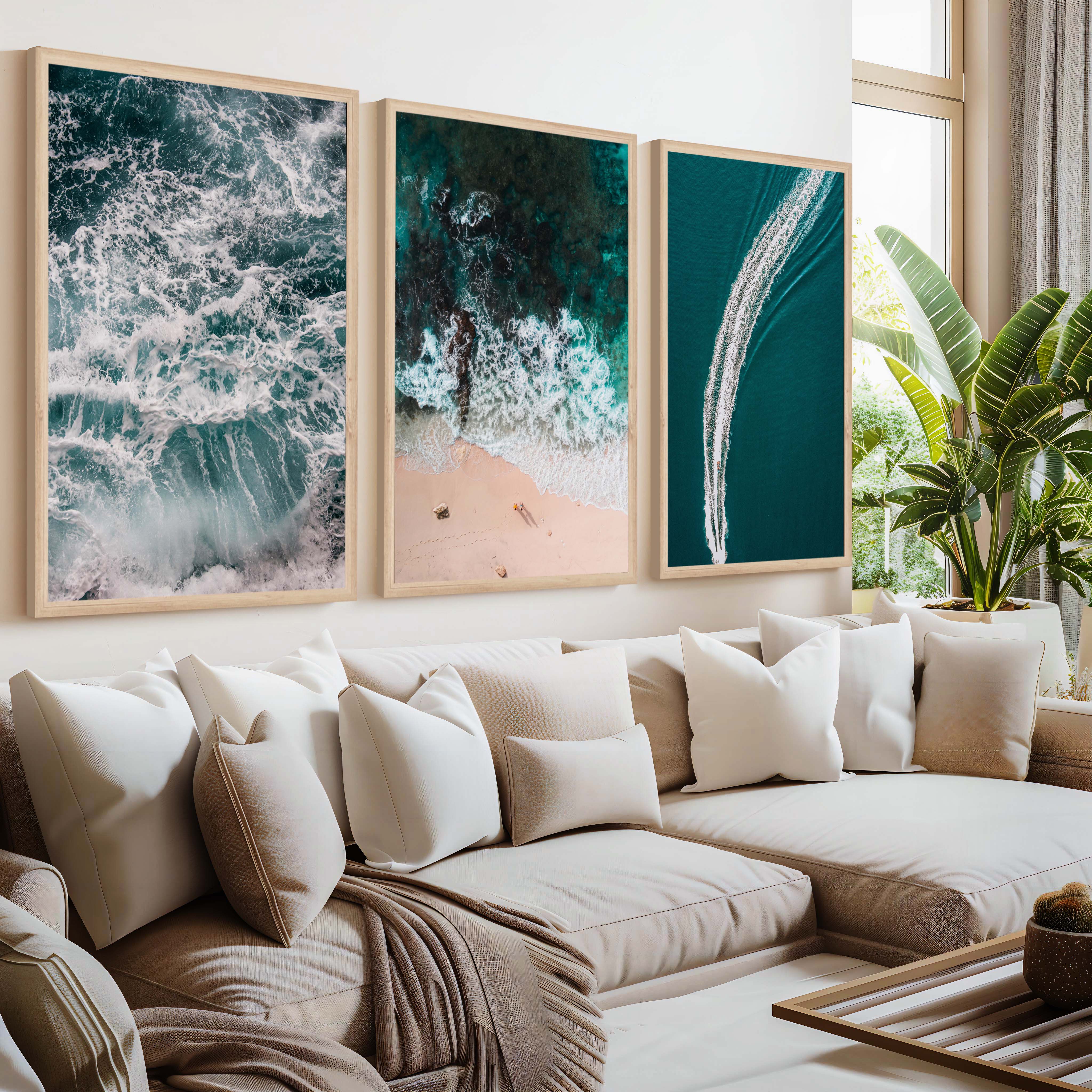 Coastal Wall Accents – Boat on Ocean & Sandy Shoreline (Set of 3) - Natural Wood Framed Poster No Border - Artworksets