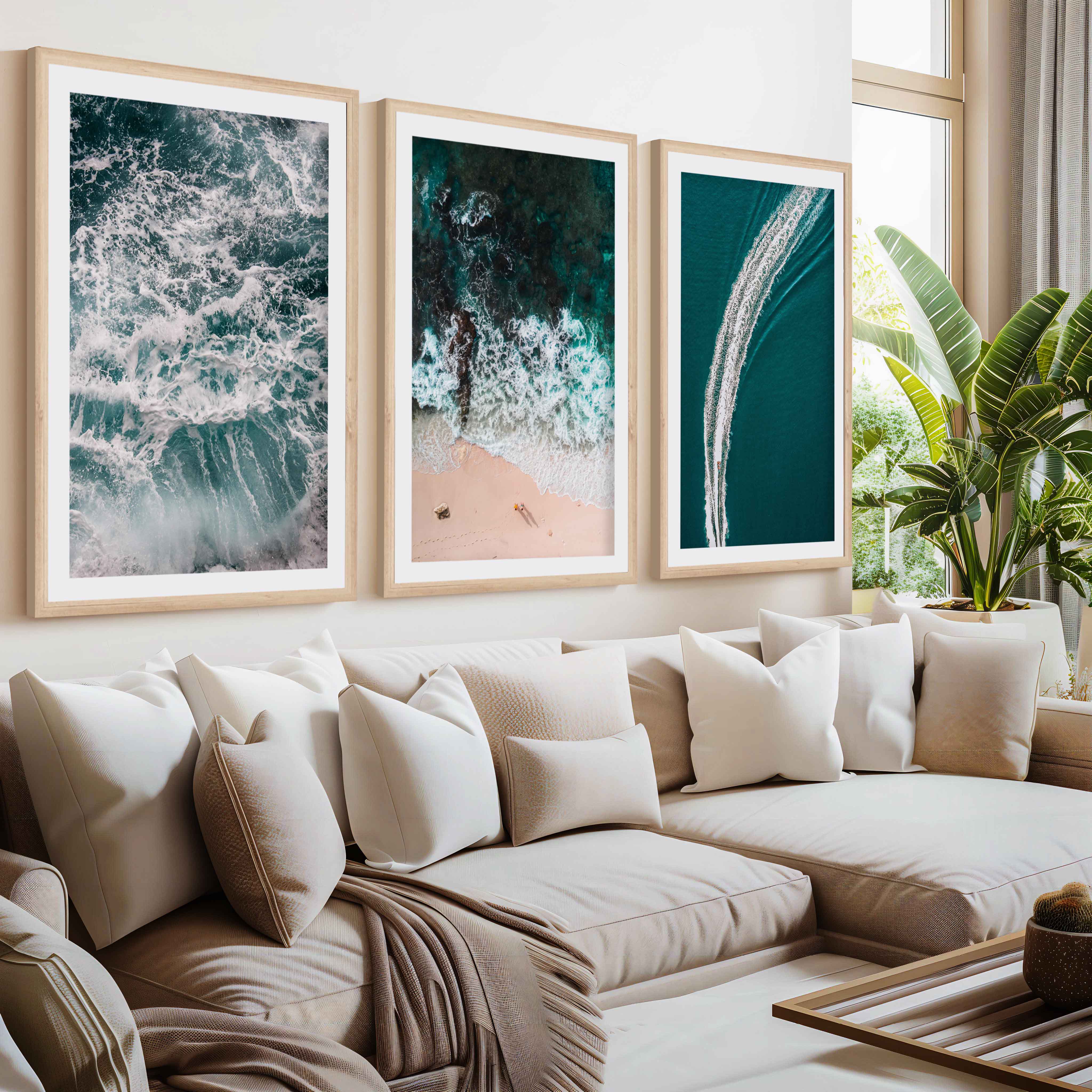 Coastal Wall Accents – Boat on Ocean & Sandy Shoreline (Set of 3)- Natural Wood Framed Poster with White Border - Artworksets