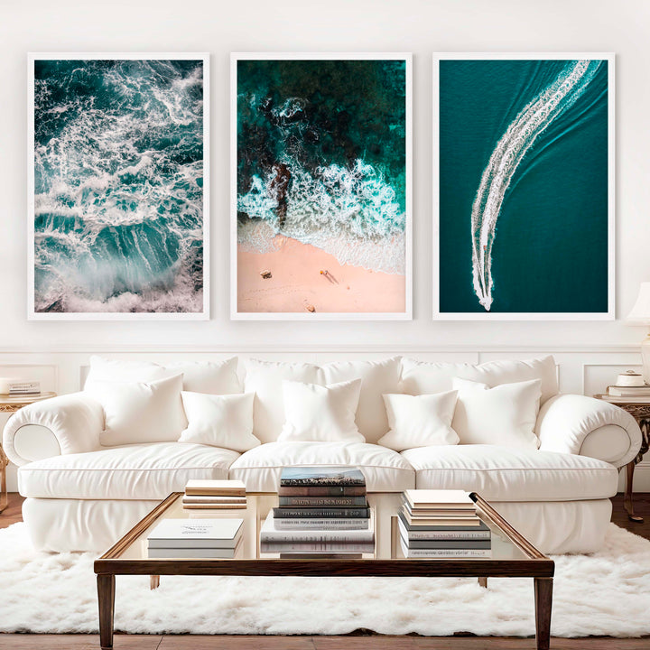 Coastal Wall Accents – Boat on Ocean & Sandy Shoreline (Set of 3) - White Framed Poster No Border - Artworksets