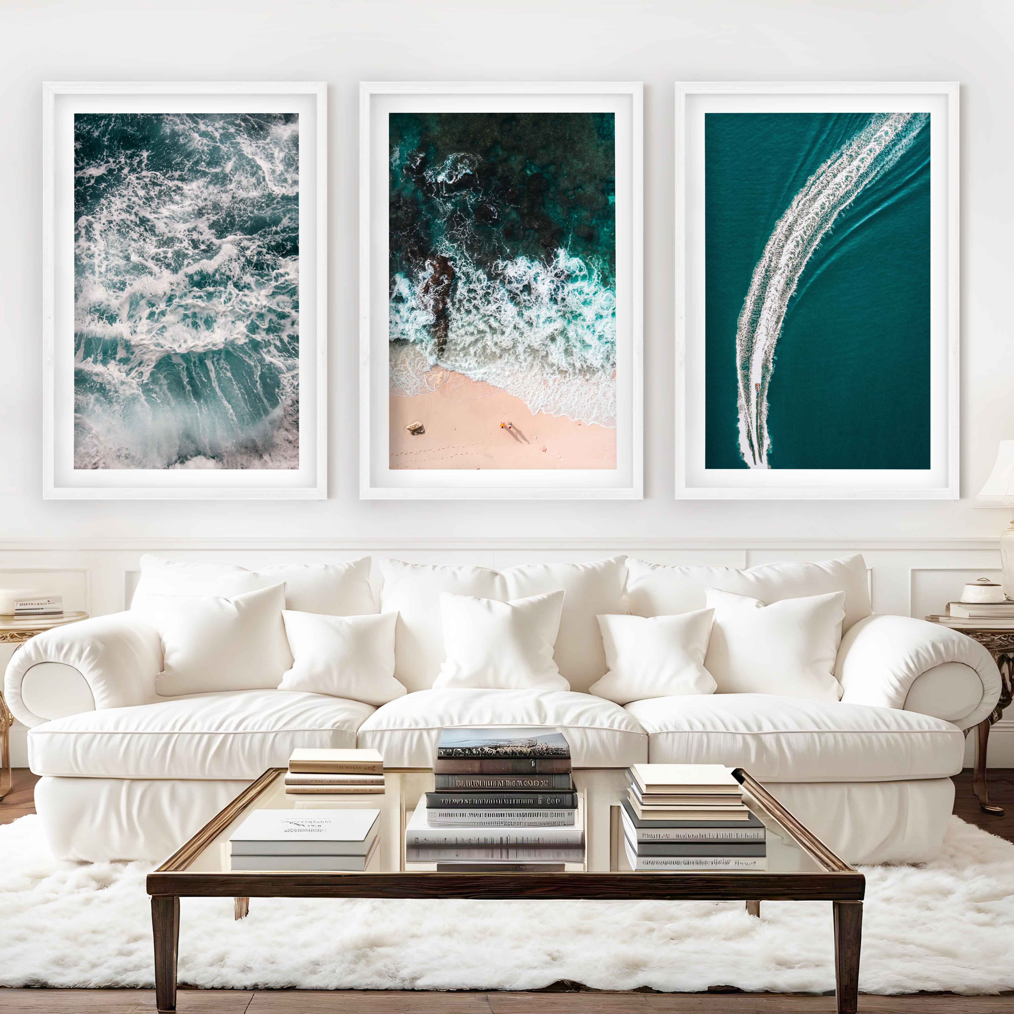 Coastal Wall Accents – Boat on Ocean & Sandy Shoreline (Set of 3) - White Framed Poster with White Border - Artworksets