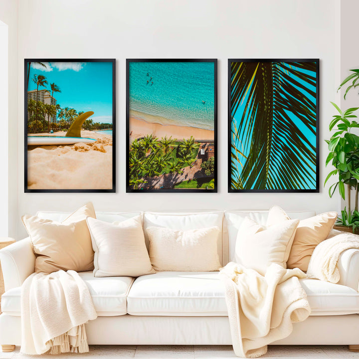 Coastal Wall Accents – Beach Photography Trio (3 Prints) - Black Framed Poster No Border - Artworksets