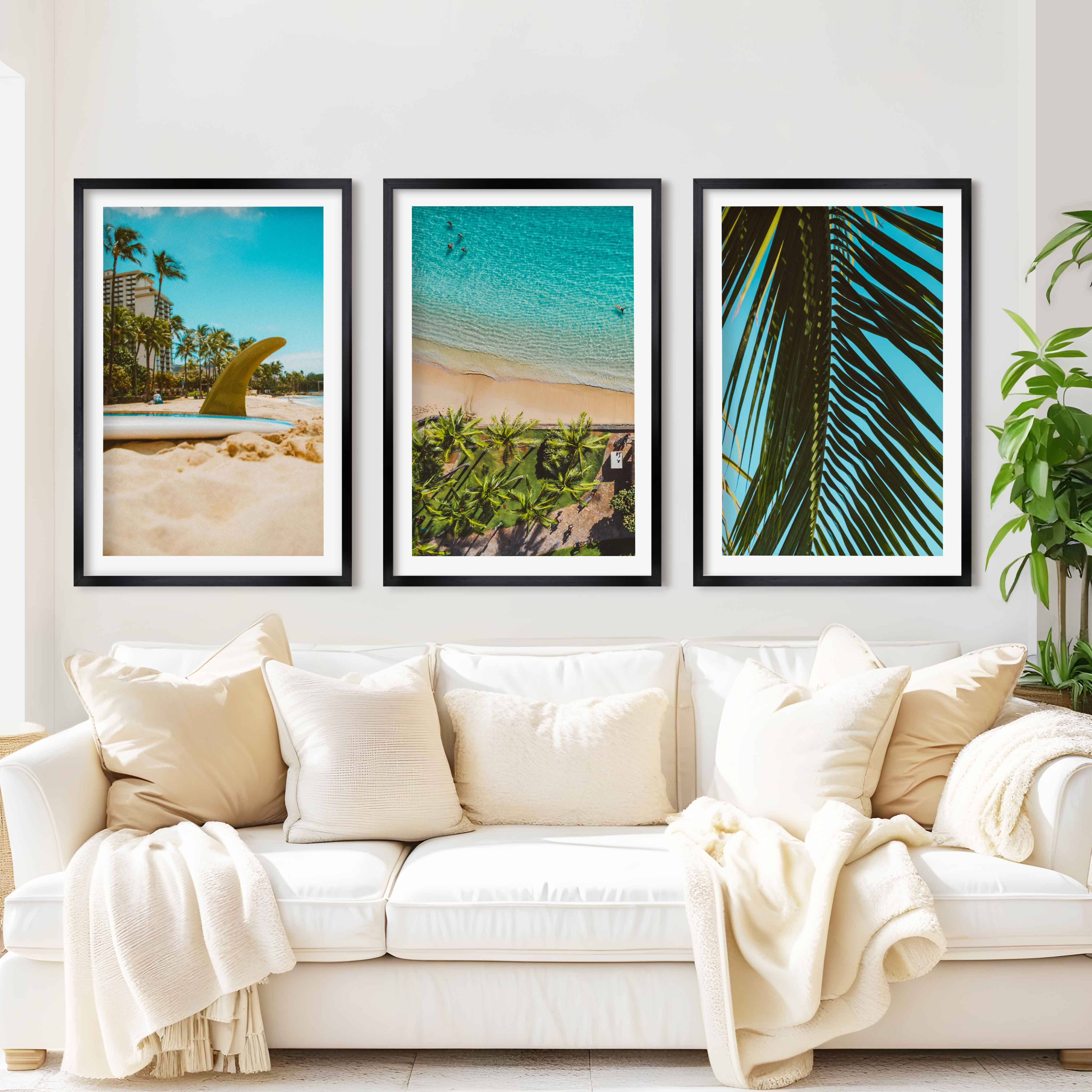 Coastal Wall Accents – Beach Photography Trio (3 Prints) - Black Framed Poster with White Border - Artworksets