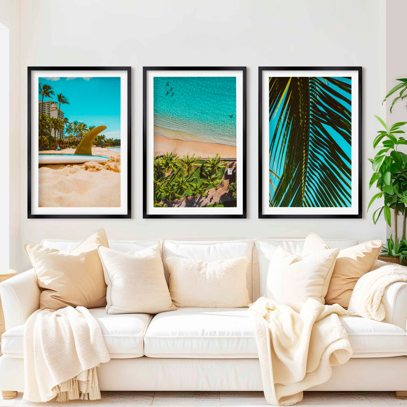 Coastal Wall Accents – Beach Photography Trio (3 Prints) - Black Framed Poster with White Border - Artworksets