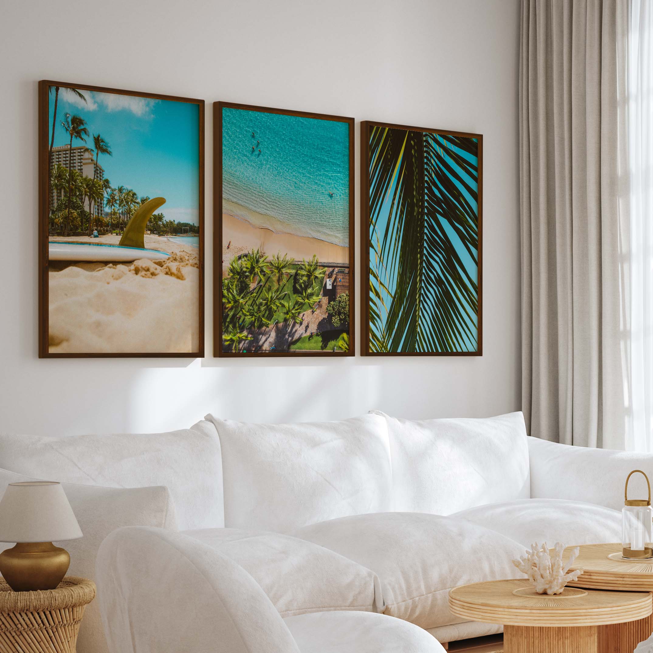 Coastal Wall Accents – Beach Photography Trio (3 Prints) - Dark Brown Framed Poster No Border - Artworksets