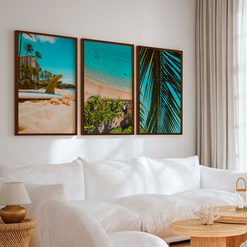Coastal Wall Accents – Beach Photography Trio (3 Prints) - Dark Brown Framed Poster No Border - Artworksets