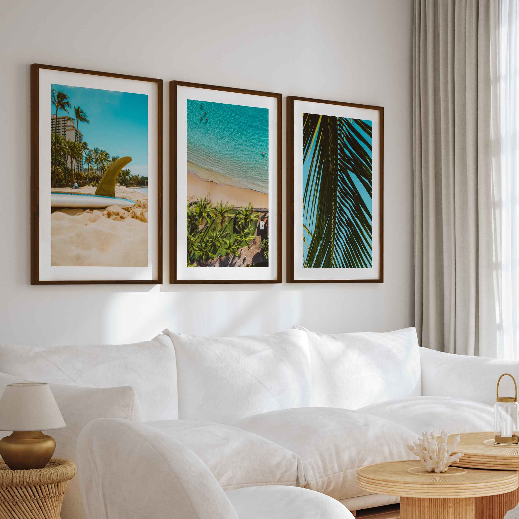 Coastal Wall Accents – Beach Photography Trio (3 Prints) - Dark Brown Framed Poster with White Border - Artworksets