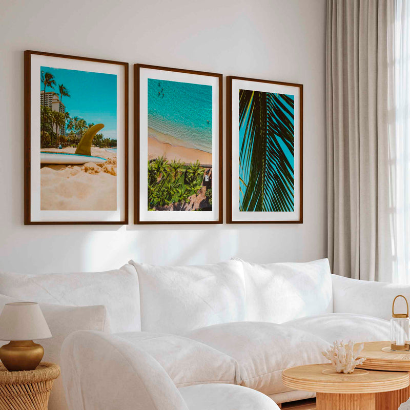 Coastal Wall Accents – Beach Photography Trio (3 Prints) - Dark Brown Framed Poster with White Border - Artworksets