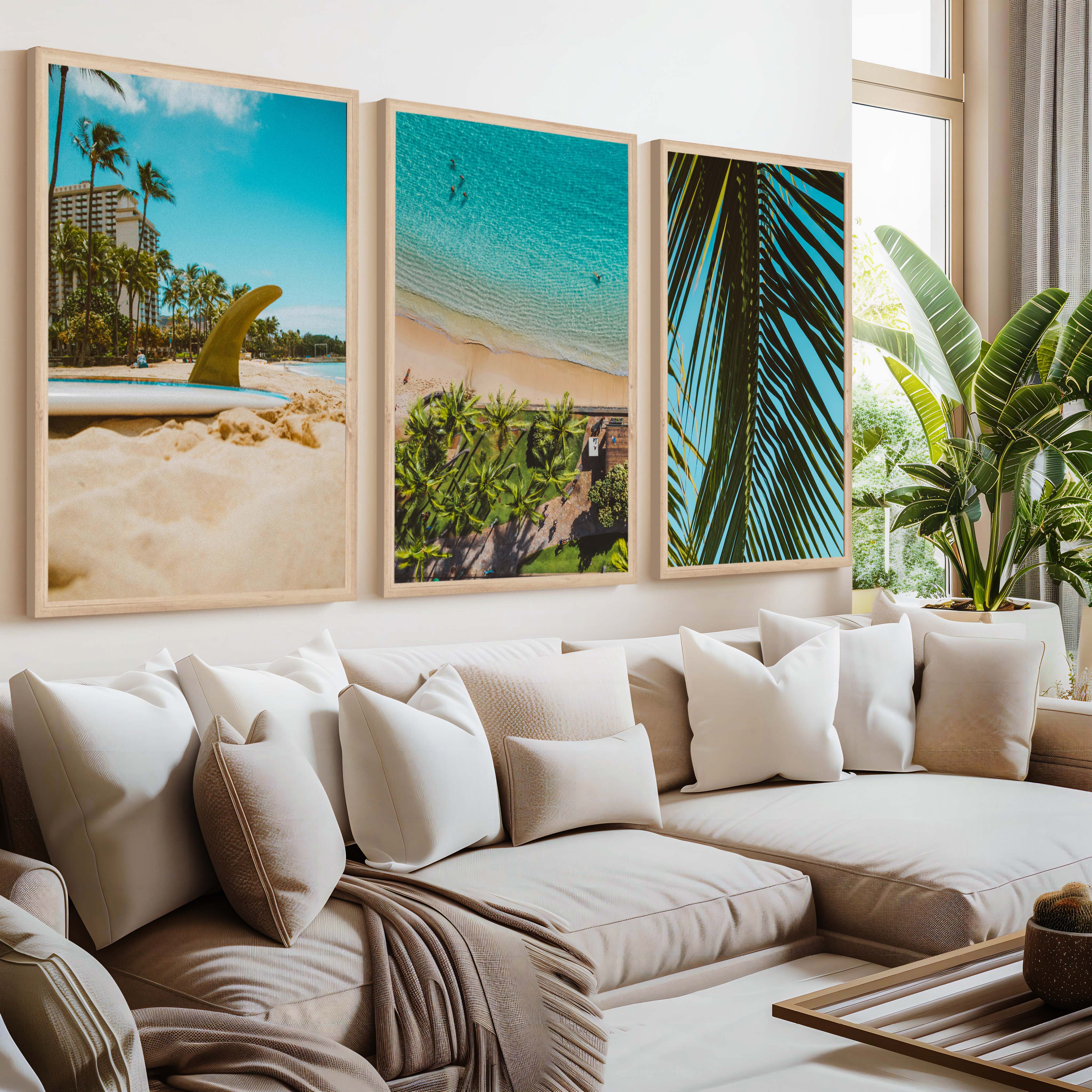 Coastal Wall Accents – Beach Photography Trio (3 Prints) - Natural Wood Framed Poster No Border - Artworksets