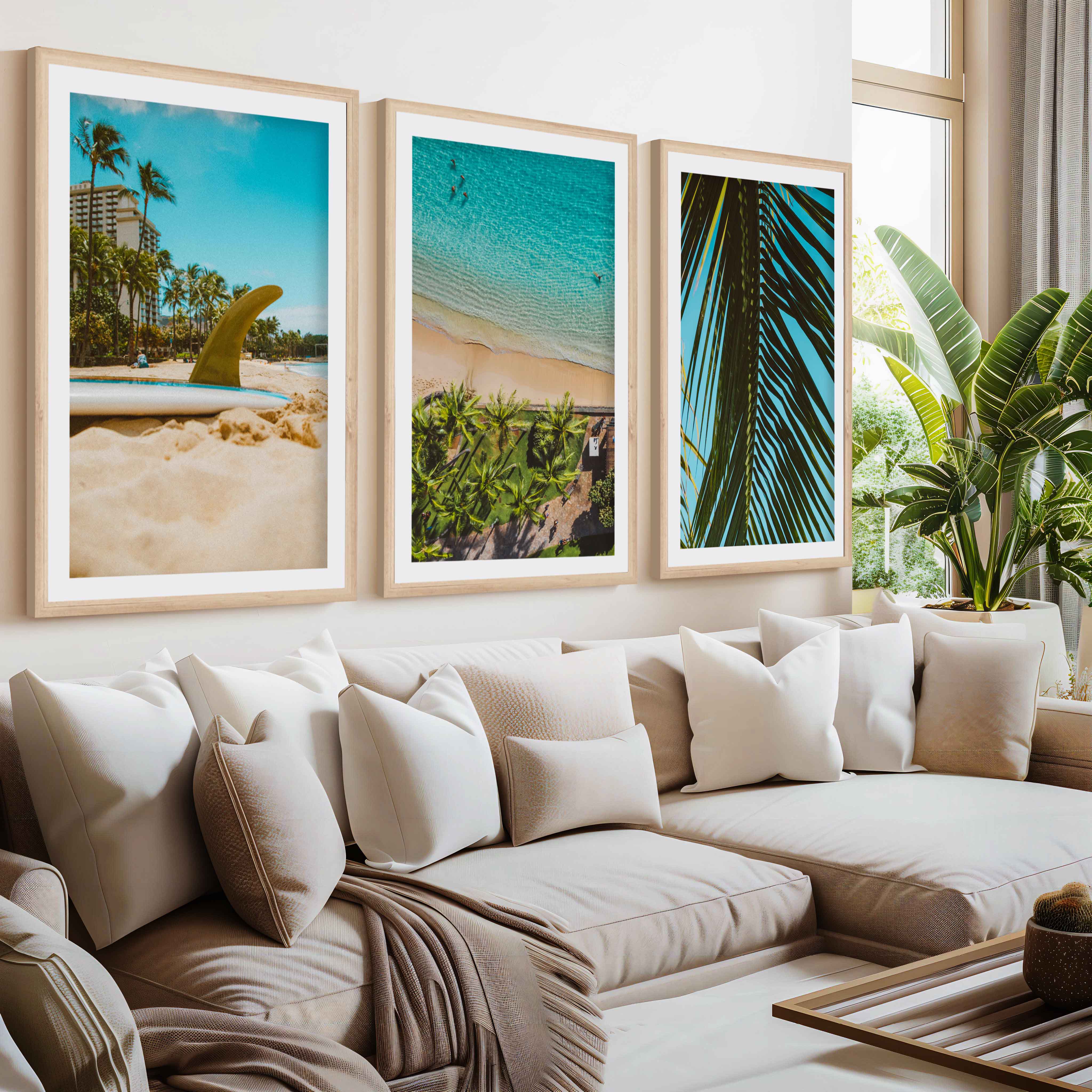 Coastal Wall Accents – Beach Photography Trio (3 Prints)- Natural Wood Framed Poster with White Border - Artworksets