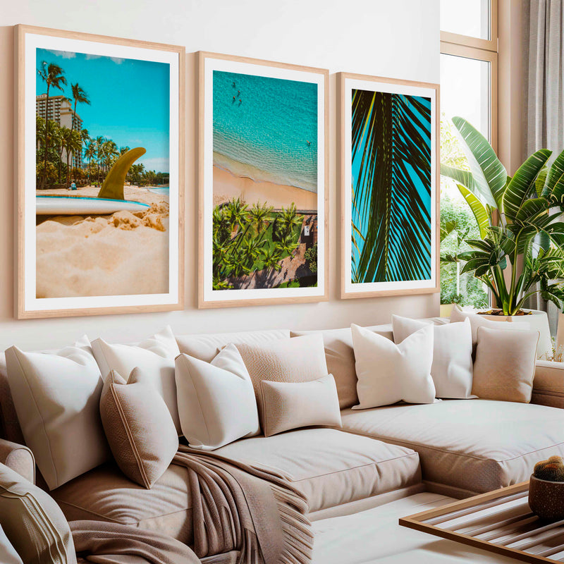 Coastal Wall Accents – Beach Photography Trio (3 Prints)- Natural Wood Framed Poster with White Border - Artworksets