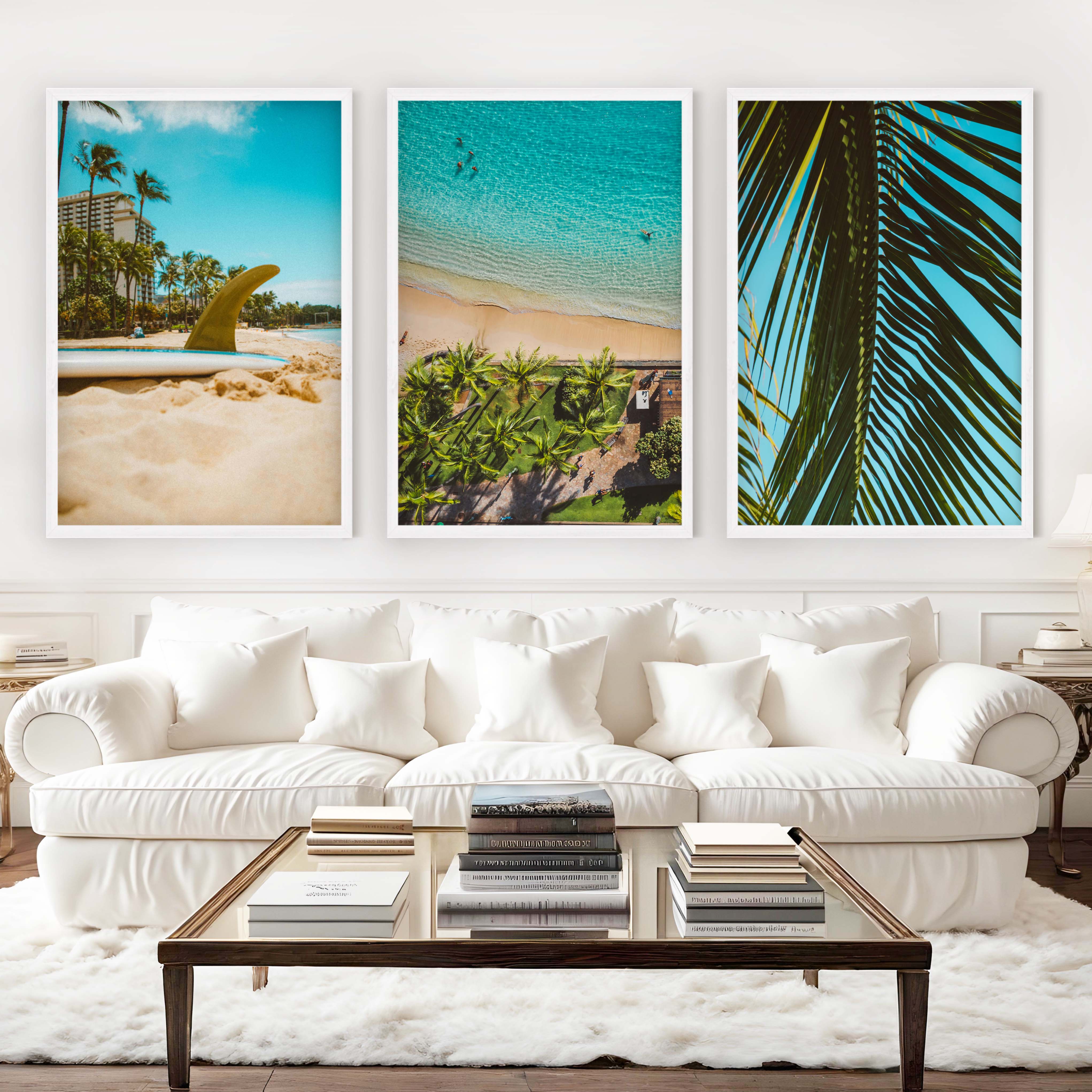 Coastal Wall Accents – Beach Photography Trio (3 Prints) - White Framed Poster No Border - Artworksets
