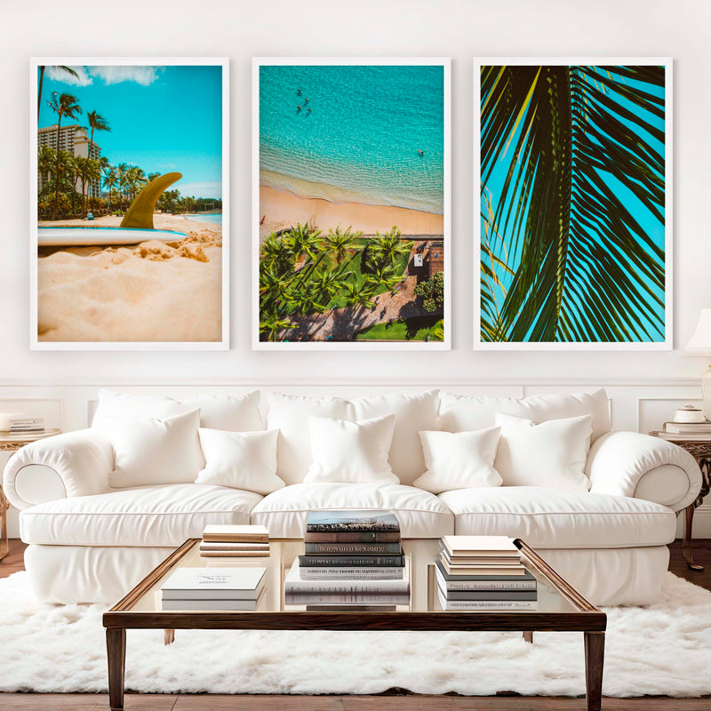 Coastal Wall Accents – Beach Photography Trio (3 Prints) - White Framed Poster No Border - Artworksets