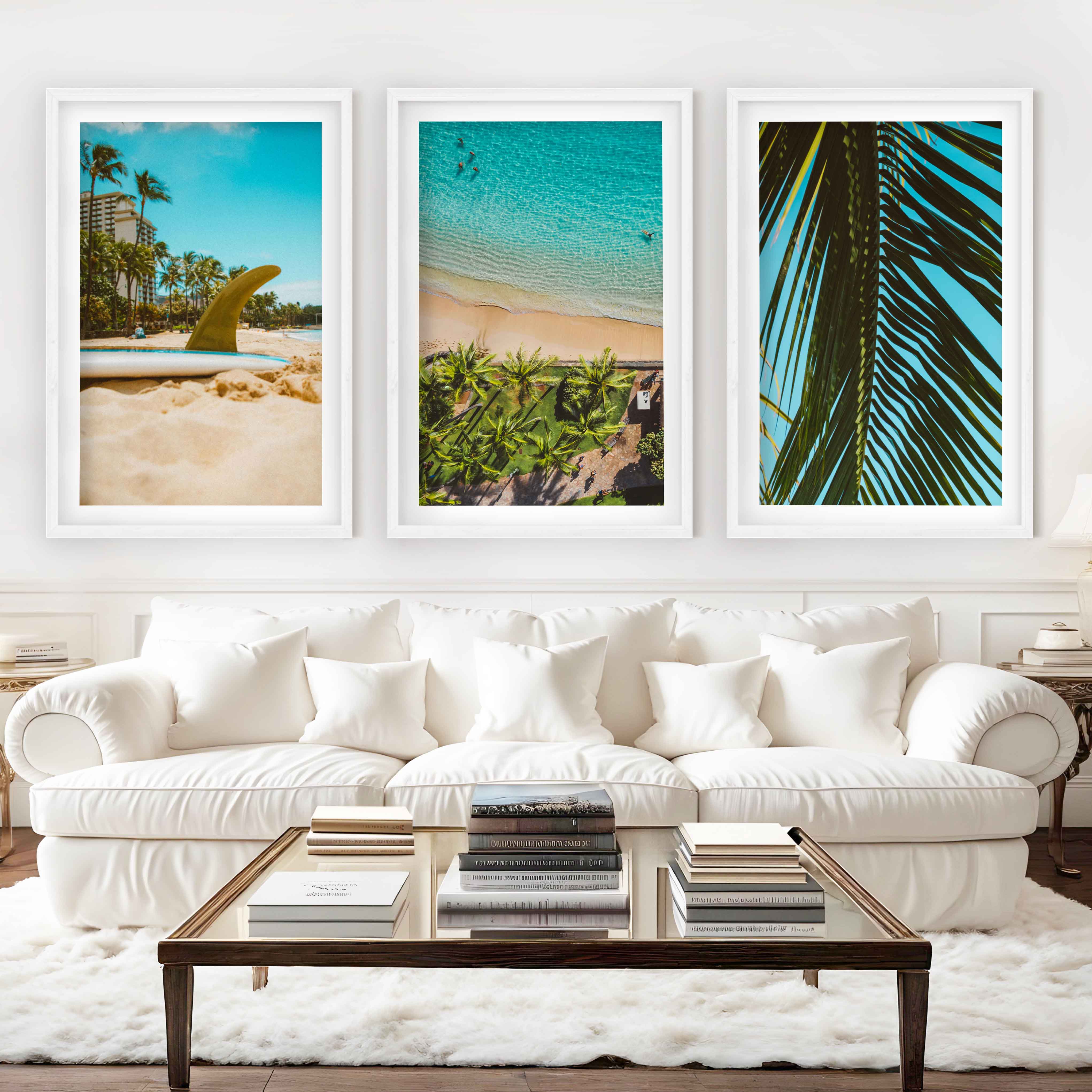 Coastal Wall Accents – Beach Photography Trio (3 Prints) - White Framed Poster with White Border - Artworksets