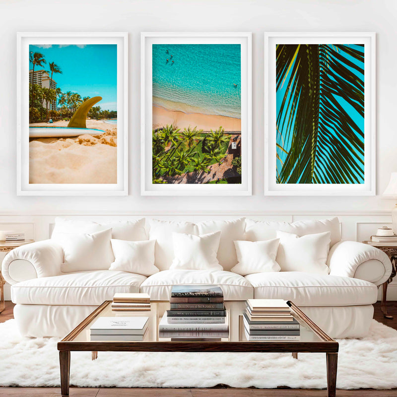 Coastal Wall Accents – Beach Photography Trio (3 Prints) - White Framed Poster with White Border - Artworksets