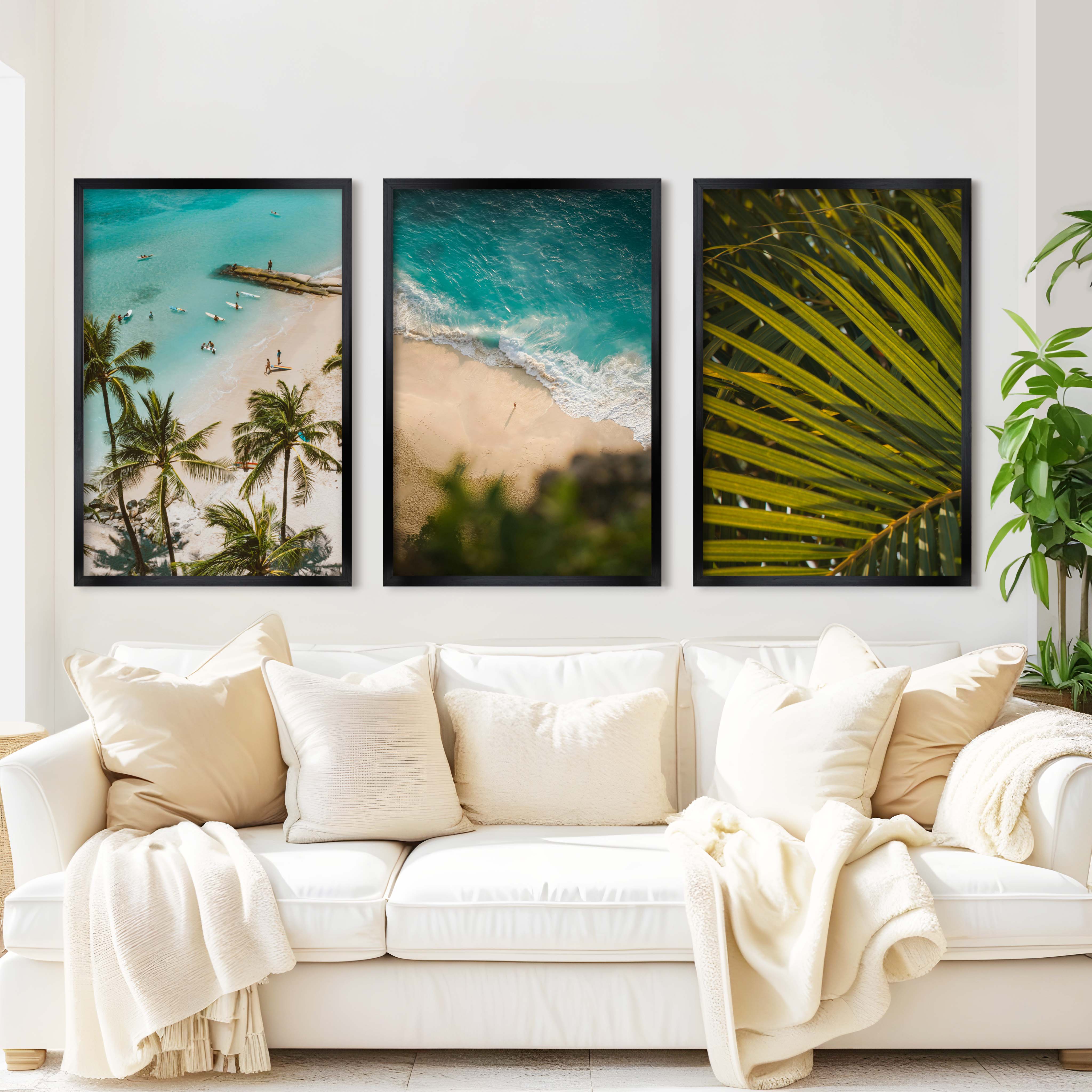 Coastal Wall Art and Decor – Surf, Beach & Palm Set (3 Prints) - Black Framed Poster No Border - Artworksets