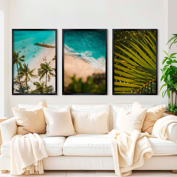 Coastal Wall Art and Decor – Surf, Beach & Palm Set (3 Prints) - Black Framed Poster No Border - Artworksets