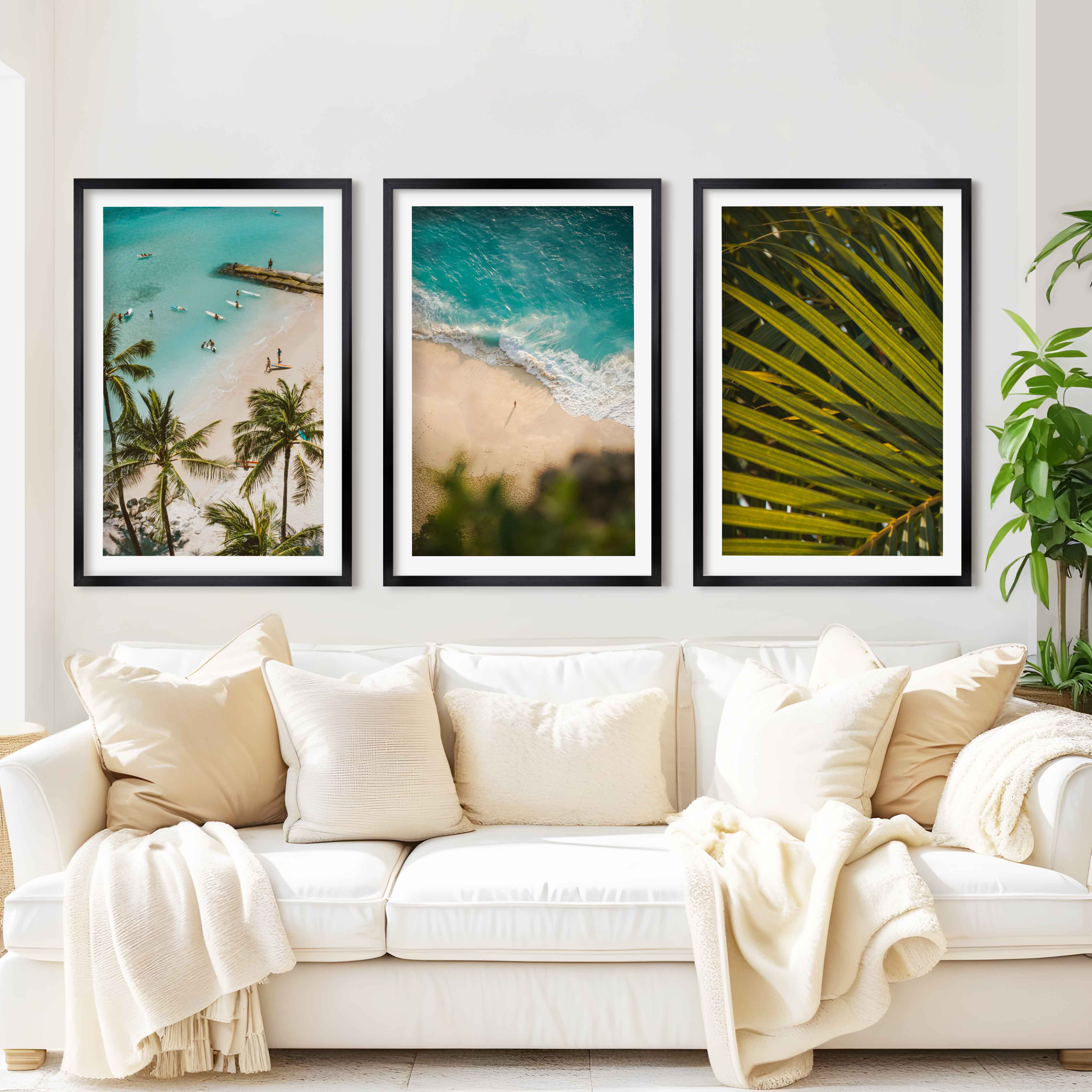 Coastal Wall Art and Decor – Surf, Beach & Palm Set (3 Prints) - Black Framed Poster with White Border - Artworksets