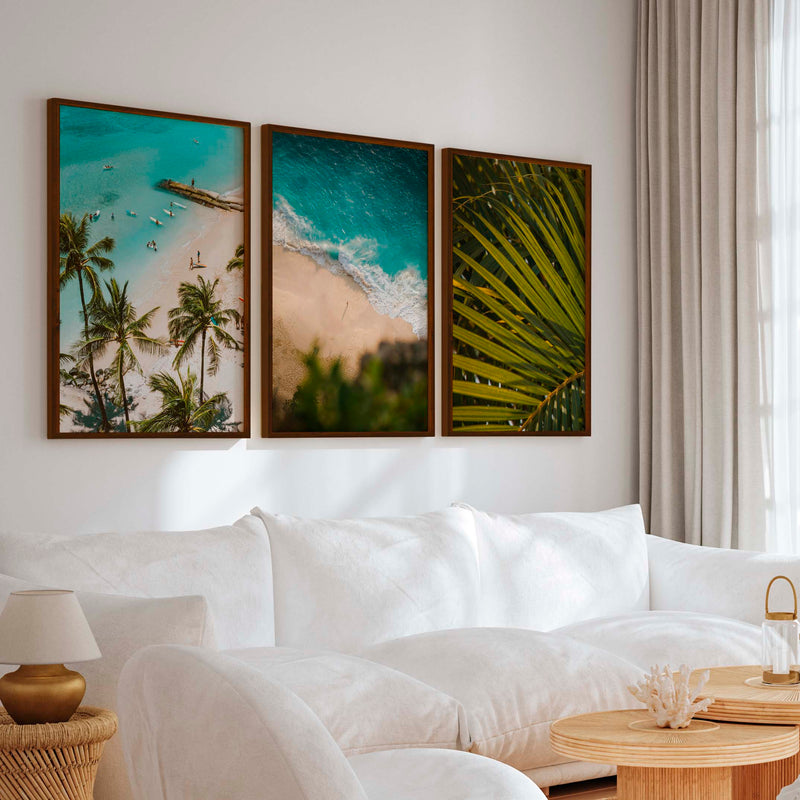 Coastal Wall Art and Decor – Surf, Beach & Palm Set (3 Prints) - Dark Brown Framed Poster No Border - Artworksets