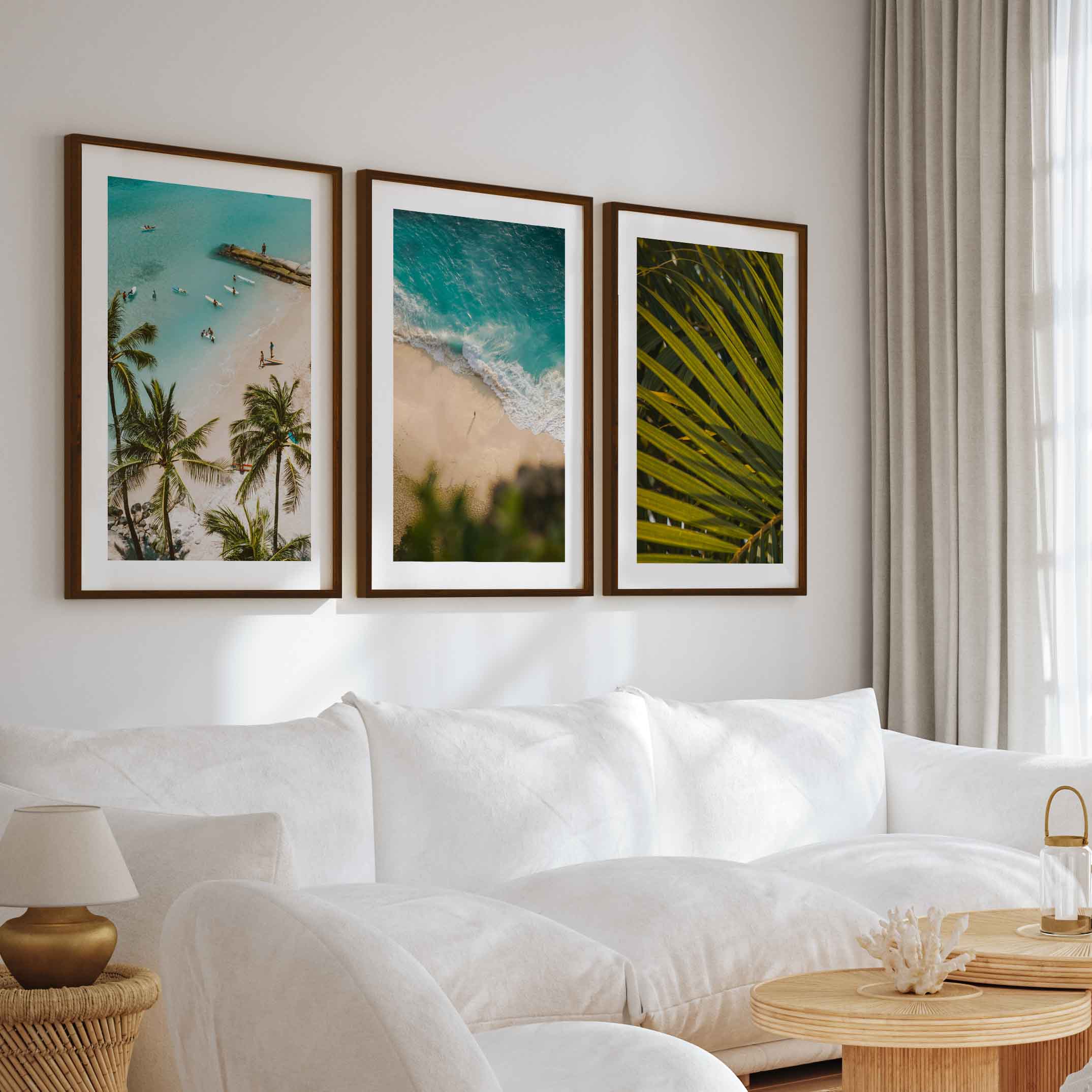 Coastal Wall Art and Decor – Surf, Beach & Palm Set (3 Prints) - Dark Brown Framed Poster with White Border - Artworksets