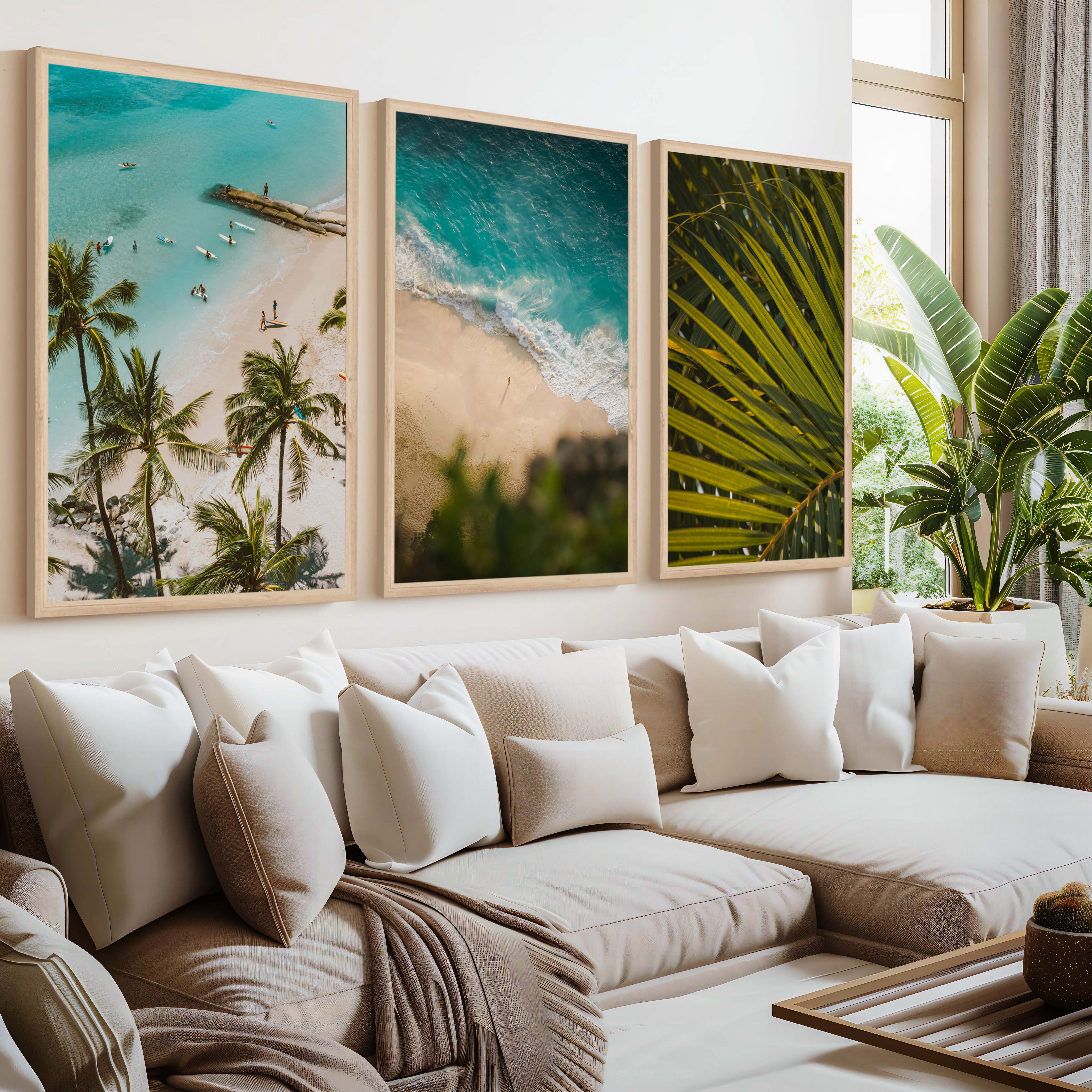 Coastal Wall Art and Decor – Surf, Beach & Palm Set (3 Prints) - Natural Wood Framed Poster No Border - Artworksets