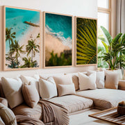 Coastal Wall Art and Decor – Surf, Beach & Palm Set (3 Prints) - Natural Wood Framed Poster No Border - Artworksets