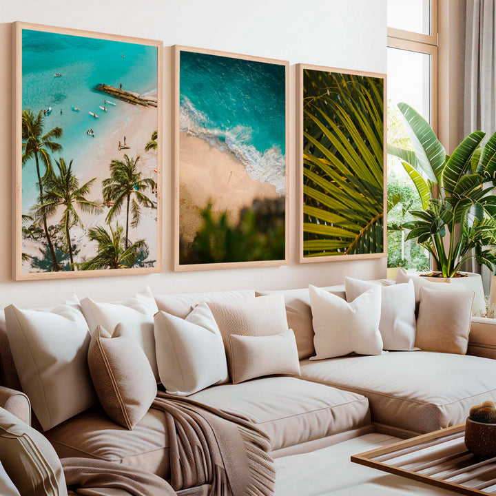Coastal Wall Art and Decor – Surf, Beach & Palm Set (3 Prints) - Natural Wood Framed Poster No Border - Artworksets