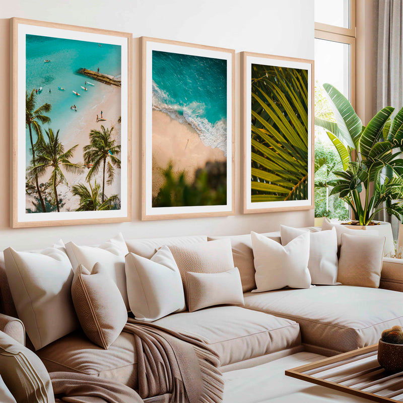 Coastal Wall Art and Decor – Surf, Beach & Palm Set (3 Prints)- Natural Wood Framed Poster with White Border - Artworksets