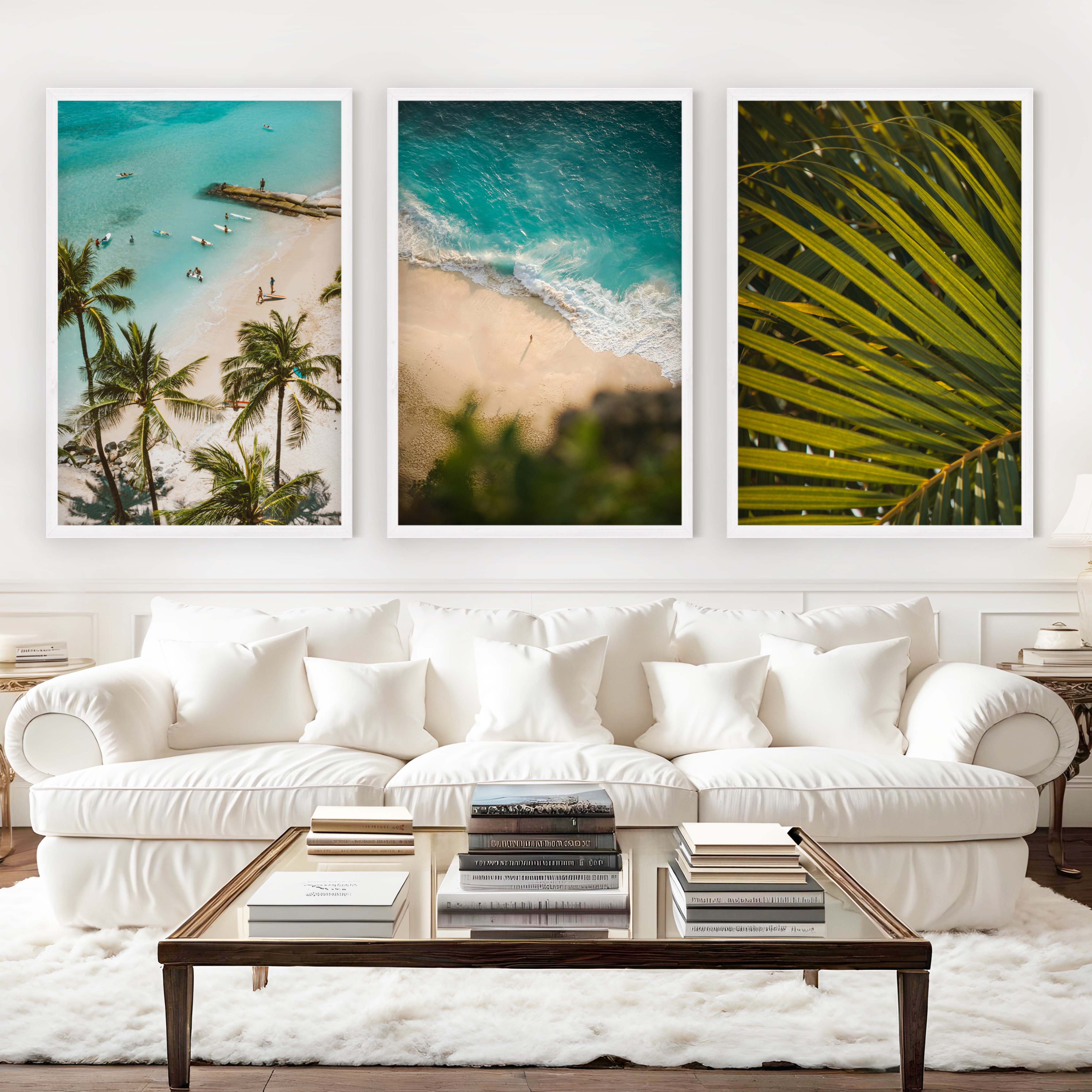 Coastal Wall Art and Decor – Surf, Beach & Palm Set (3 Prints) - White Framed Poster No Border - Artworksets