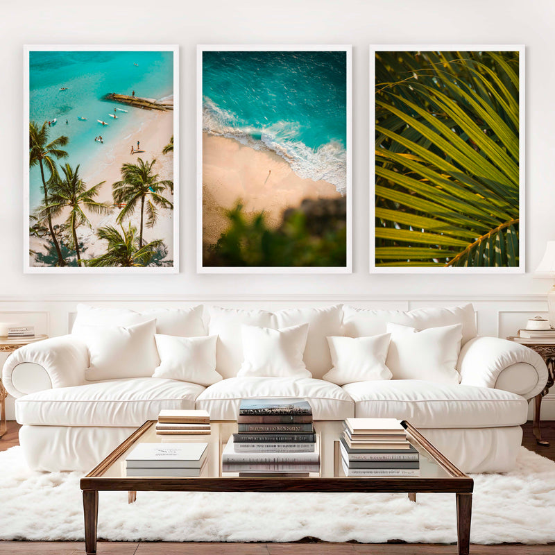 Coastal Wall Art and Decor – Surf, Beach & Palm Set (3 Prints) - White Framed Poster No Border - Artworksets
