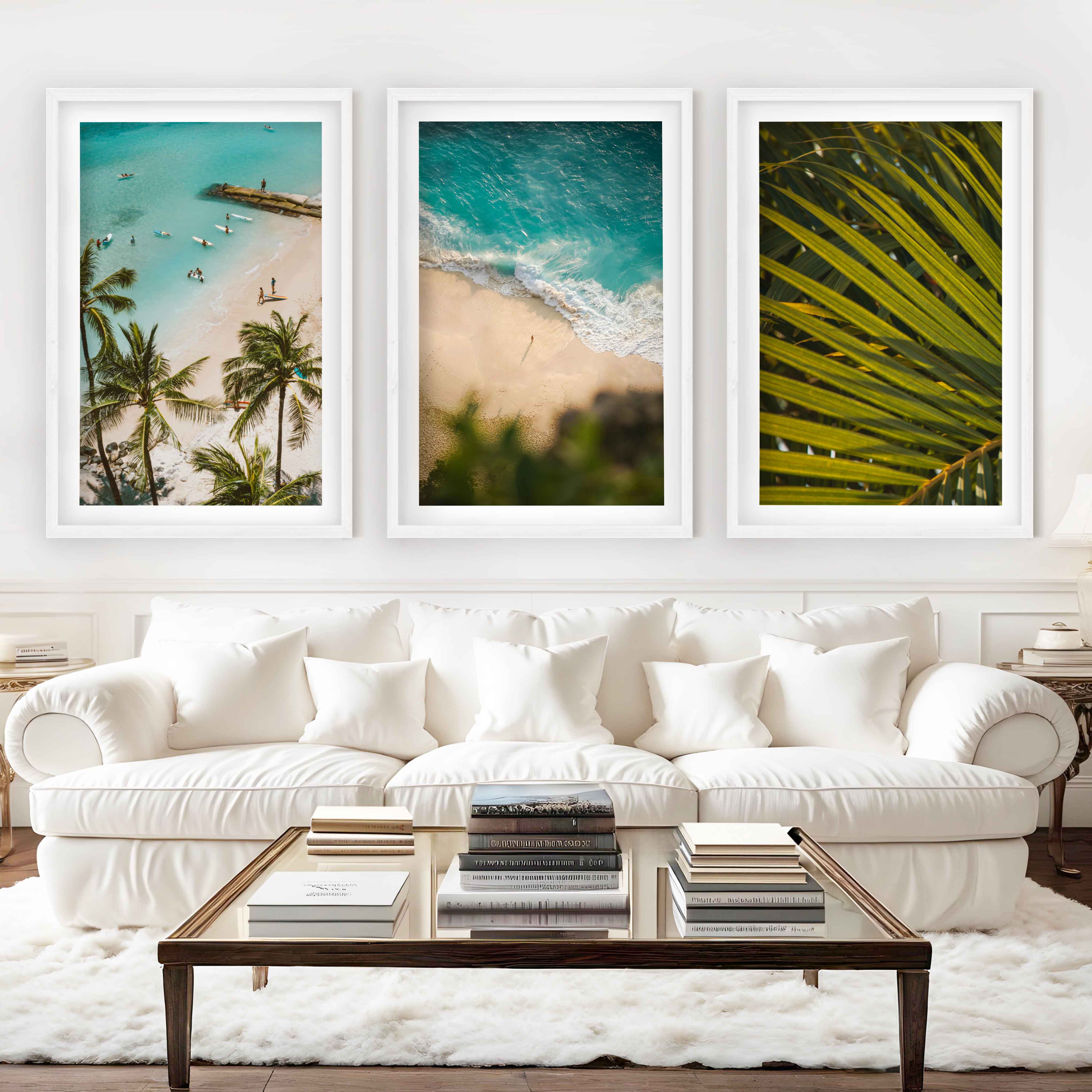 Coastal Wall Art and Decor – Surf, Beach & Palm Set (3 Prints) - White Framed Poster with White Border - Artworksets