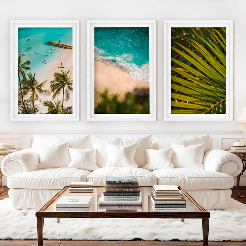 Coastal Wall Art and Decor – Surf, Beach & Palm Set (3 Prints) - White Framed Poster with White Border - Artworksets