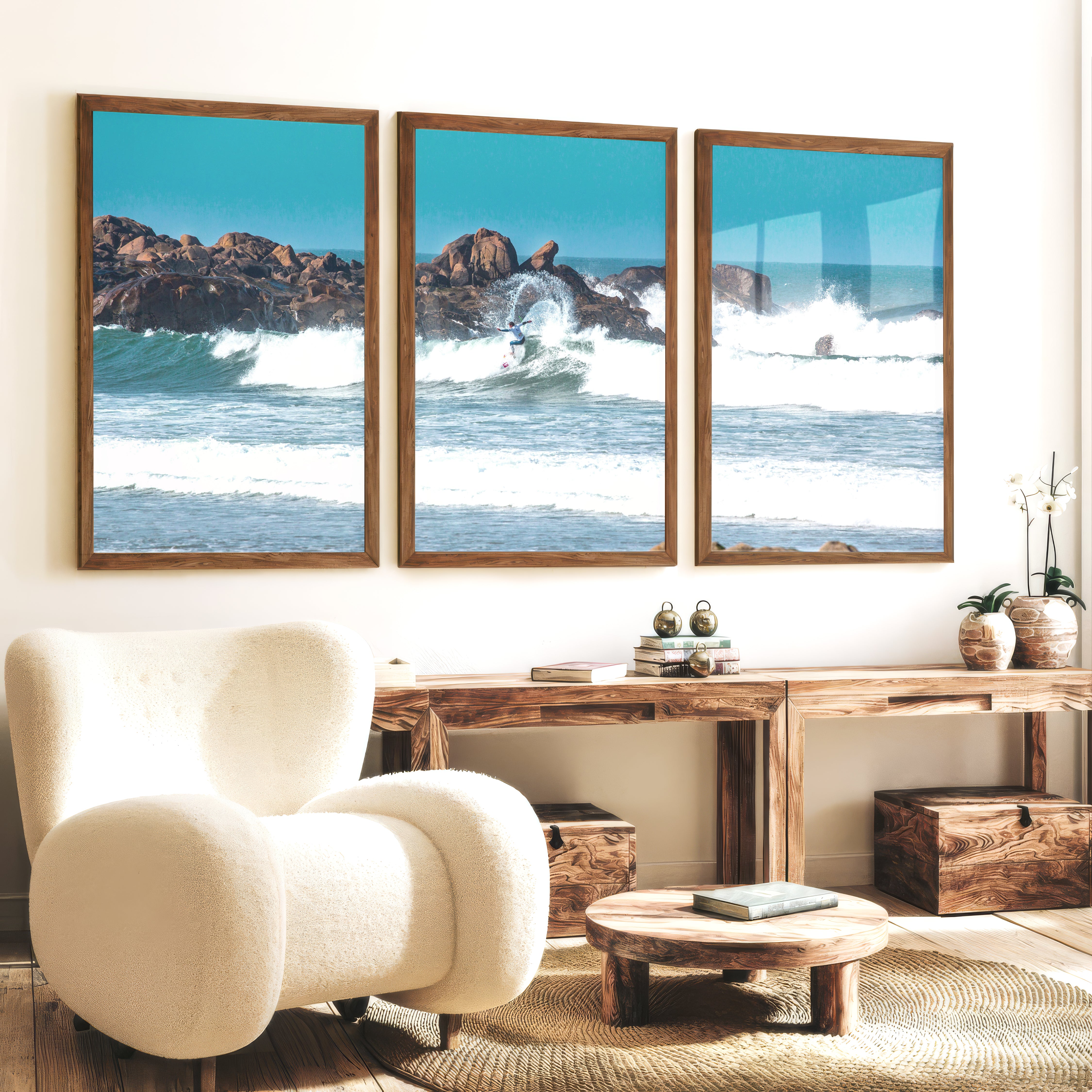 Rocky Shore Surfer coastal wall art and decor - Dark Brown Framed Poster No Border - Artworksets