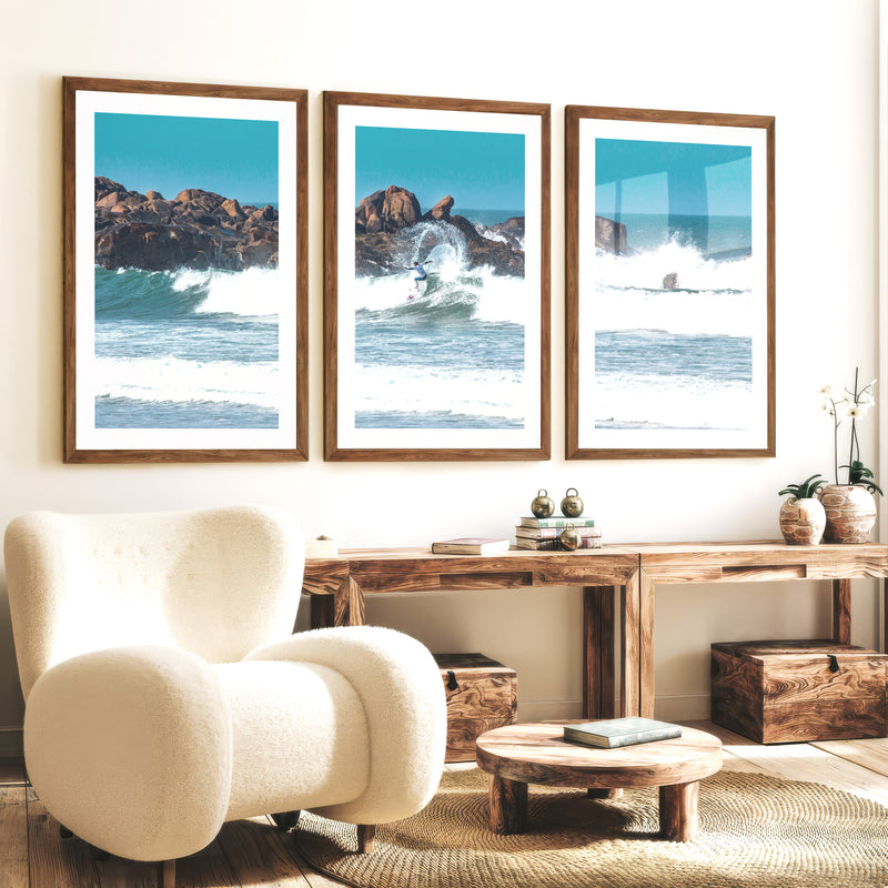 Rocky Shore Surfer coastal wall art and decor - Dark Brown Framed Poster with White Border - Artworksets