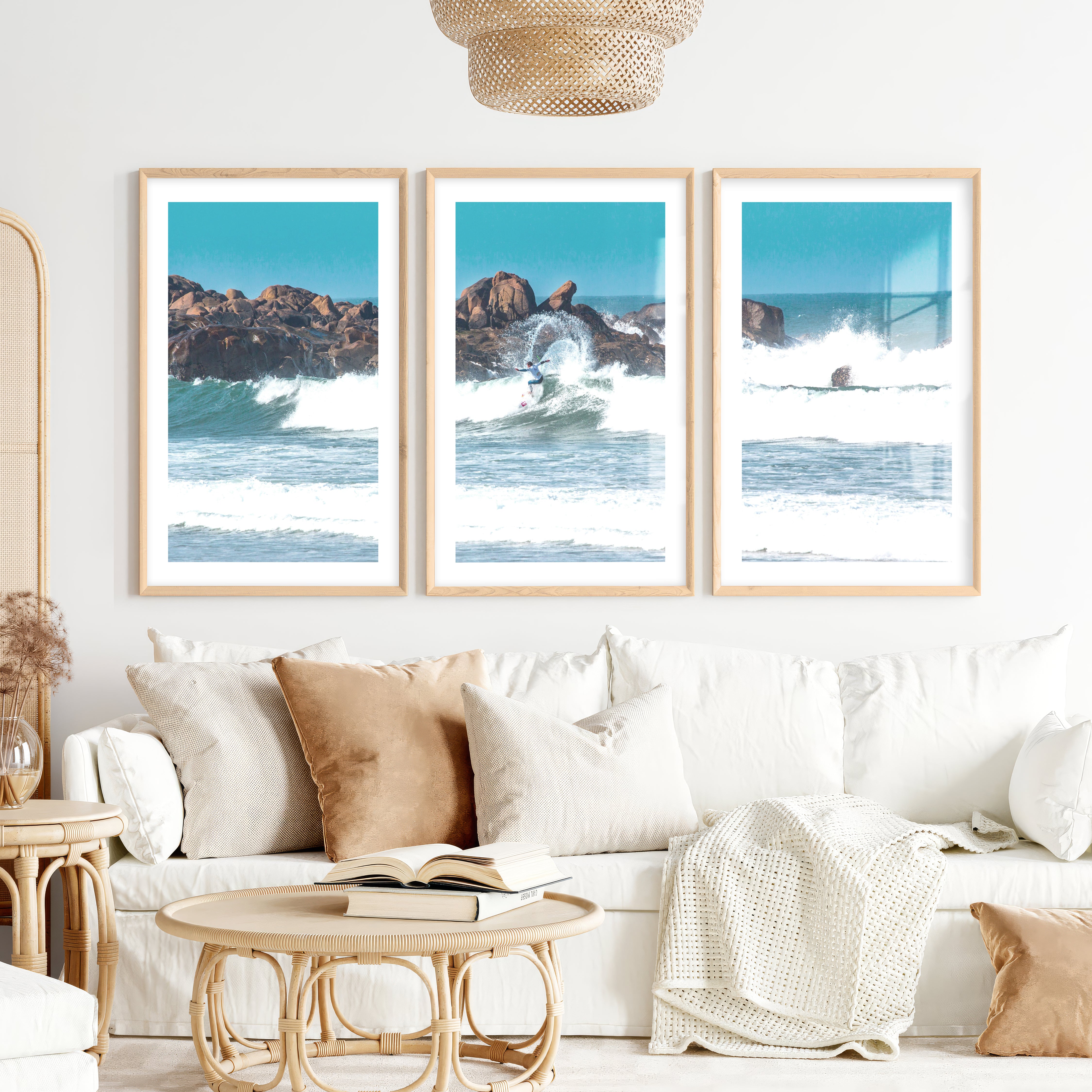 Rocky Shore Surfer coastal wall art and decor- Natural Wood Framed Poster with White Border - Artworksets