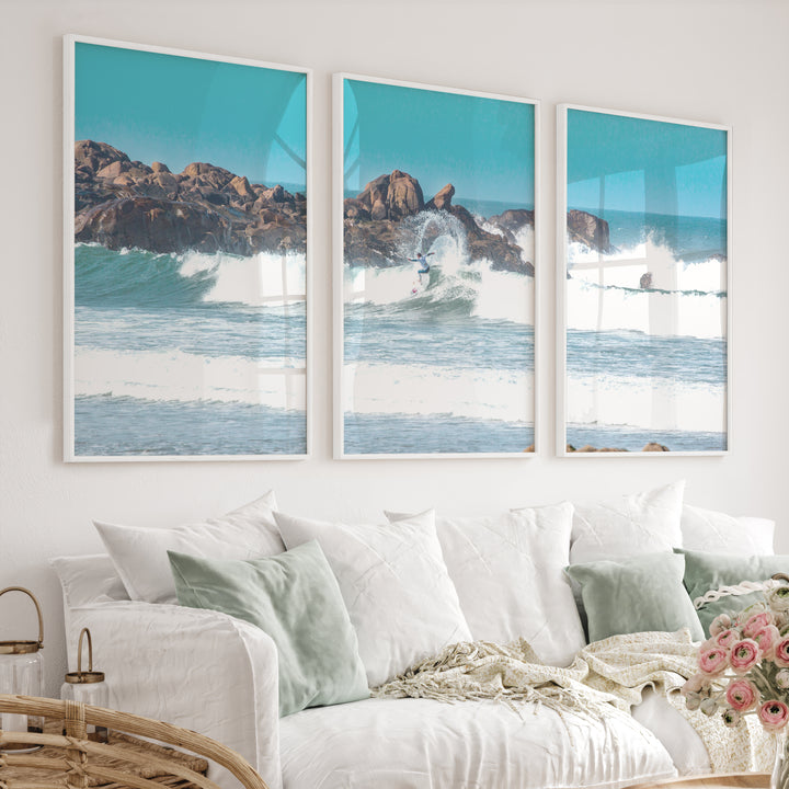 Rocky Shore Surfer coastal wall art and decor - White Framed Poster No Border - Artworksets