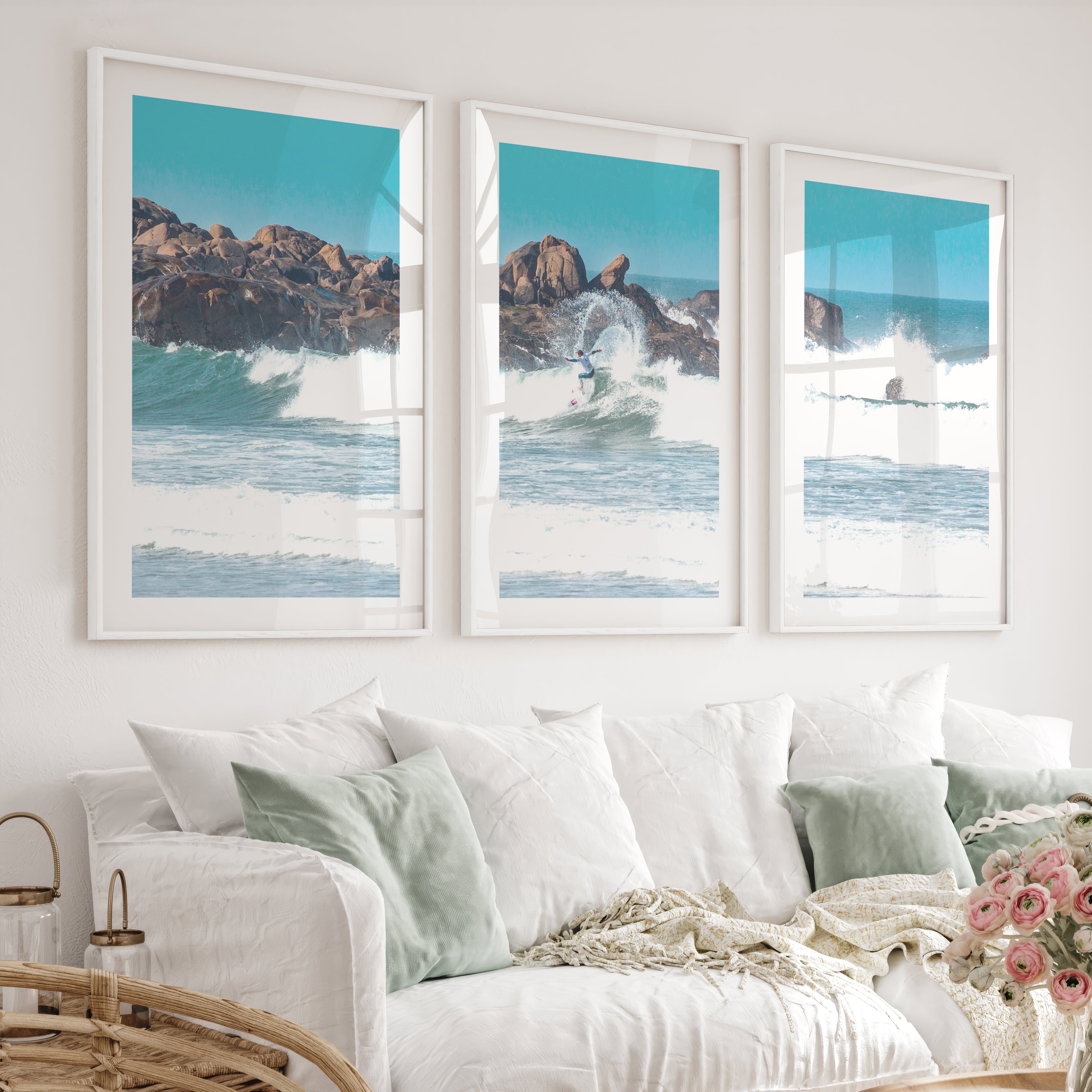 Rocky Shore Surfer coastal wall art and decor - White Framed Poster with White Border - Artworksets