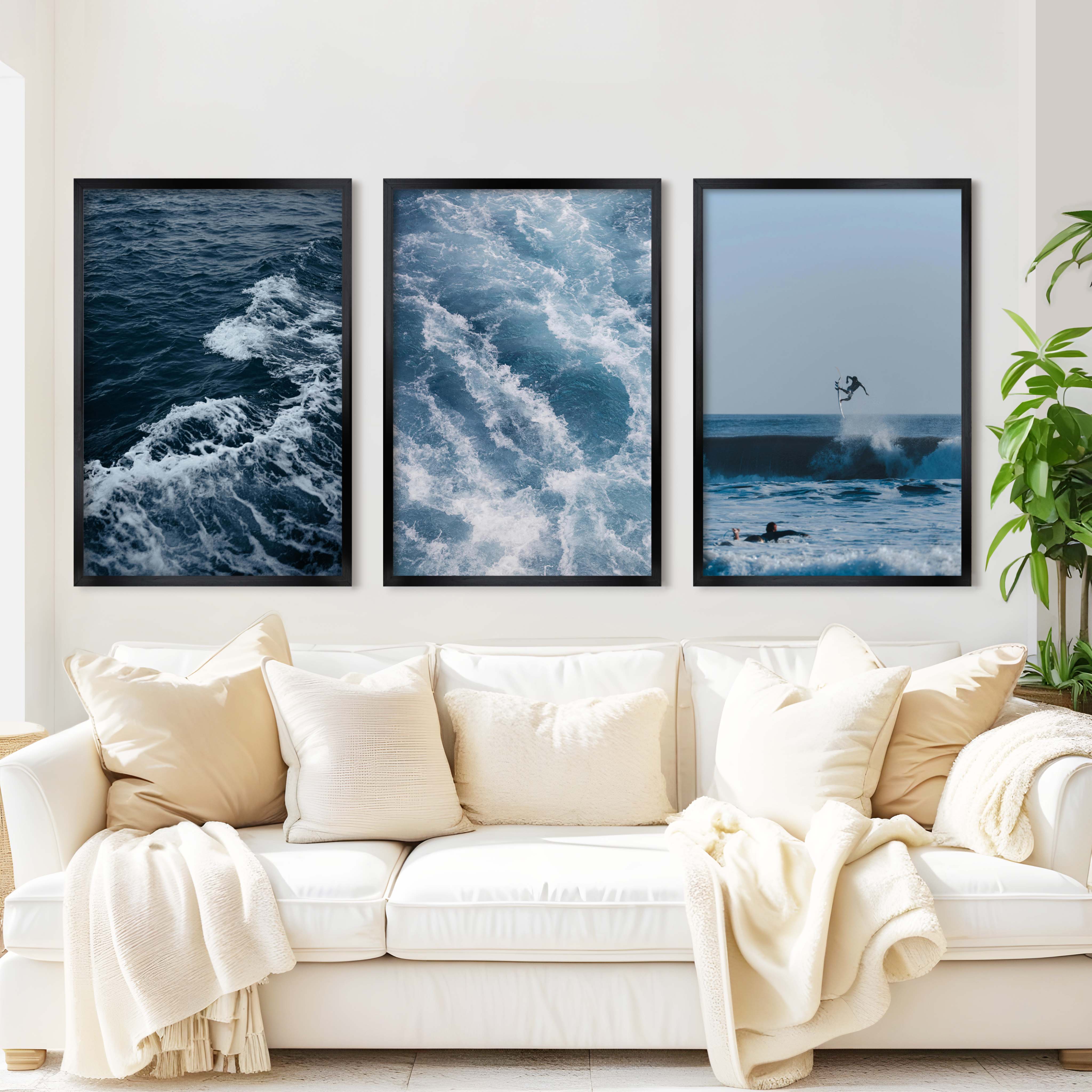 Ocean Coastal Wall Art – Surf & Wave Photography Trio - Black Framed Poster No Border - Artworksets