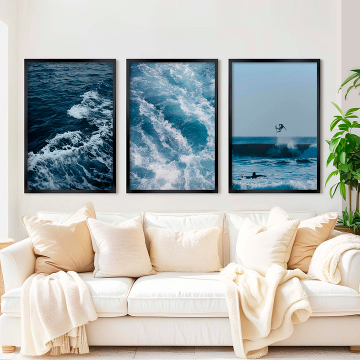 Ocean Coastal Wall Art – Surf & Wave Photography Trio - Black Framed Poster No Border - Artworksets