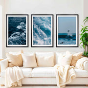 Ocean Coastal Wall Art – Surf & Wave Photography Trio - Black Framed Poster with White Border - Artworksets