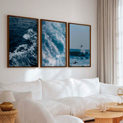 Ocean Coastal Wall Art – Surf & Wave Photography Trio - Dark Brown Framed Poster No Border - Artworksets
