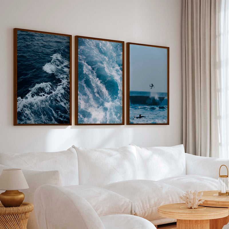 Ocean Coastal Wall Art – Surf & Wave Photography Trio - Dark Brown Framed Poster No Border - Artworksets