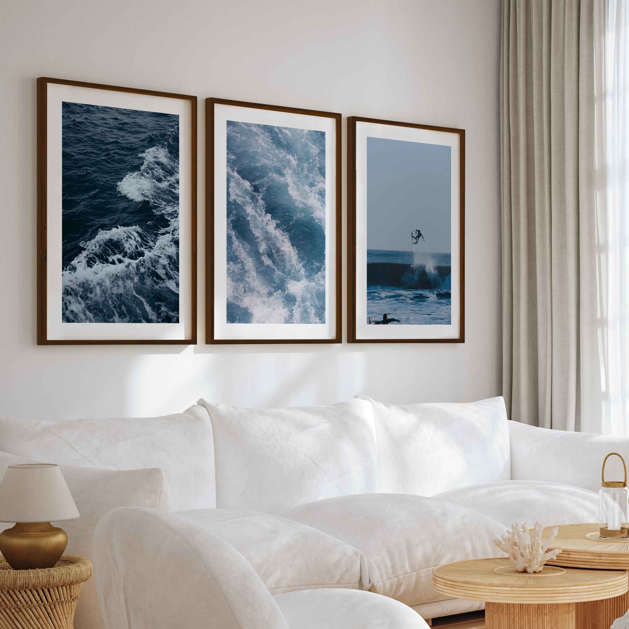 Ocean Coastal Wall Art – Surf & Wave Photography Trio - Dark Brown Framed Poster with White Border - Artworksets