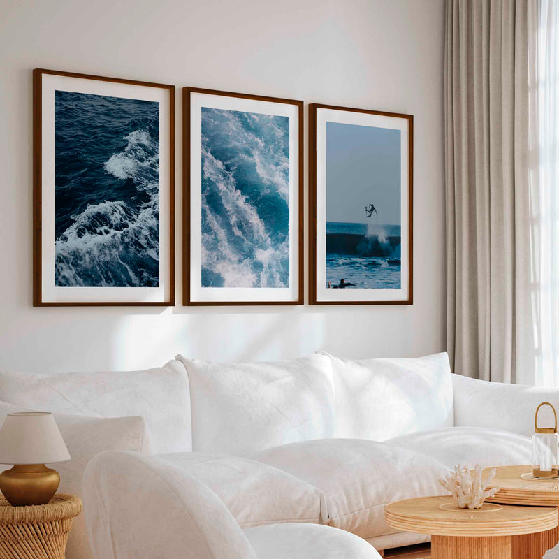 Ocean Coastal Wall Art – Surf & Wave Photography Trio - Dark Brown Framed Poster with White Border - Artworksets