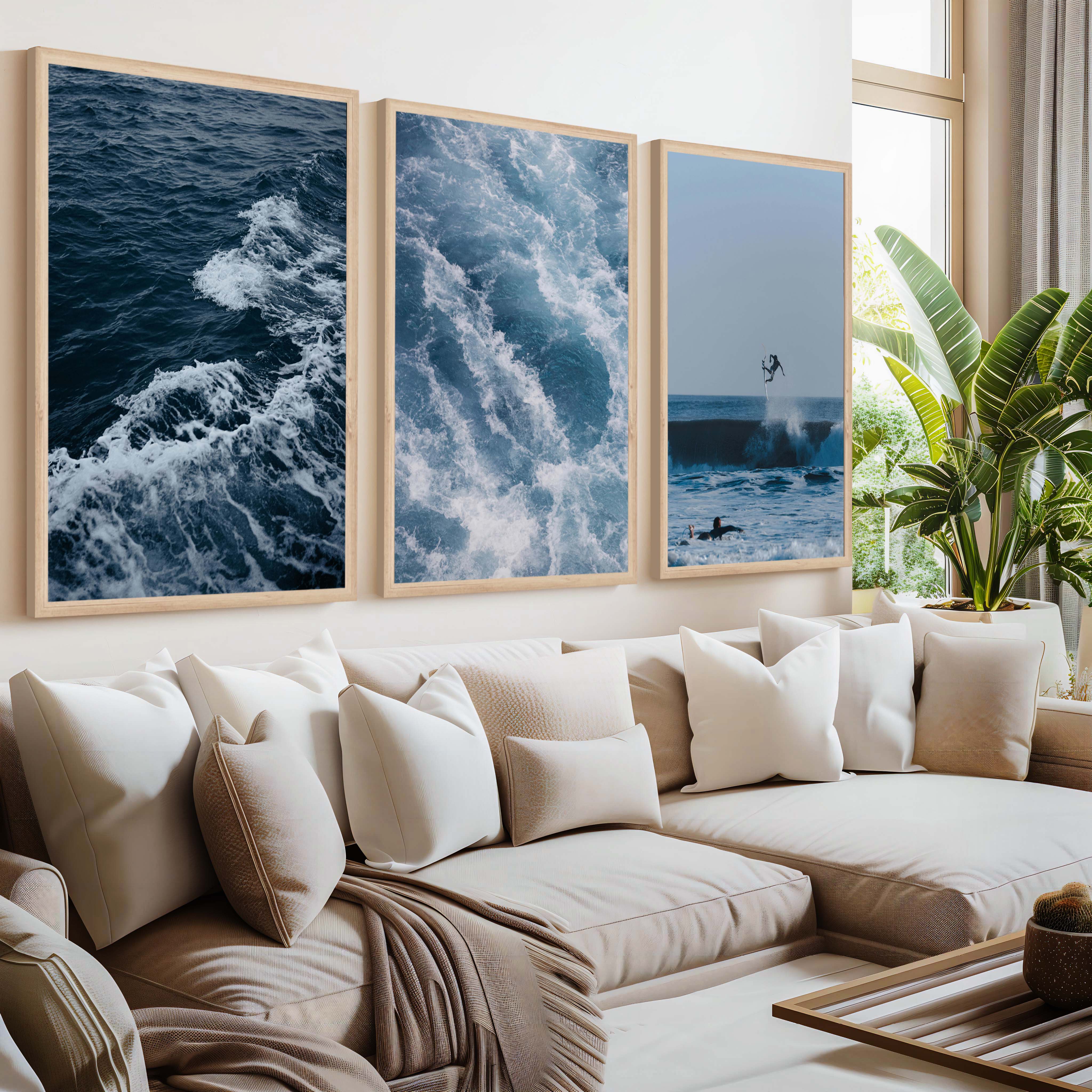 Ocean Coastal Wall Art – Surf & Wave Photography Trio - Natural Wood Framed Poster No Border - Artworksets