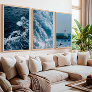 Ocean Coastal Wall Art – Surf & Wave Photography Trio - Natural Wood Framed Poster No Border - Artworksets